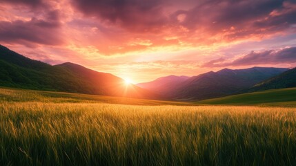 A breathtaking sunset over a tranquil valley with golden fields and distant mountains.