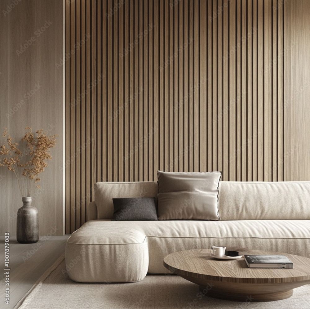 Wall mural modern wood panelling texture japandi style, interior living room japandi