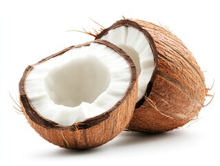 Close-up of a coconut cut in half, revealing the fresh white meat and fibrous shell Isolated on white background