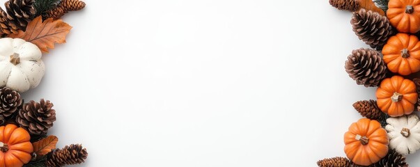 Fall wreath decorated with pinecones and mini pumpkins on solid white background, single object