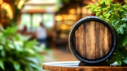 Outdoor Wine Presentation: Barrel on Table with Greenery and Store View