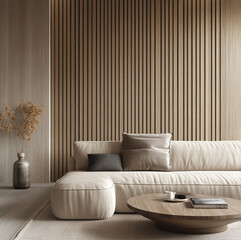 modern wood panelling texture japandi style, interior living room japandi
