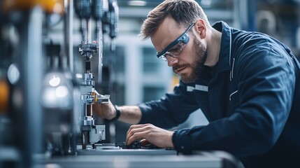 Industrial worker inspecting a machine in a factory setting.