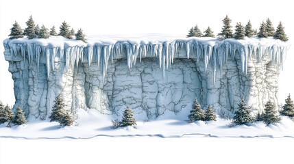A stunning winter landscape featuring an ice-covered cliff adorned with evergreen trees, capturing the beauty of nature in cold seasons.
