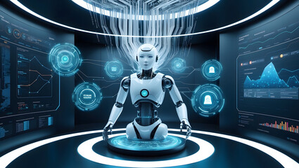 Futuristic AI Control Center - Robot Connected to Digital Interfaces for Advanced Data Analysis