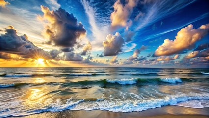 Stunning Sunset Over the Ocean with Colorful Sky and Waves Crashing on the Shore, Capturing the Beauty and Calm of a Coastal View.