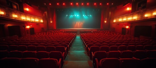 Naklejka premium Empty theater with red seats and stage lights.