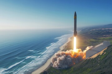 A rocket launches from a coastal site, illuminating the sky with flames and smoke.