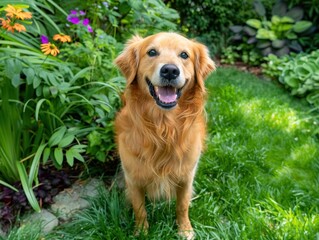 Obraz premium A cheerful golden retriever standing in a vibrant garden filled with flowers and greenery.