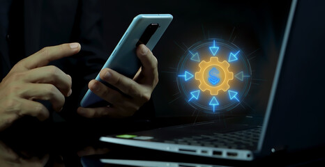 Channel concept, the people, organizations and activities that make goods and services available for use by consumers. Businessman shows glowing neon line of Channel icon on virtual screen.