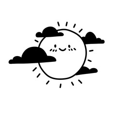 Hand drawn happy sun with clouds around, kawaii style drawing