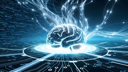 Futuristic Neural Network Visualization - AI Brain Processing Data in a Digital High-Tech Environment