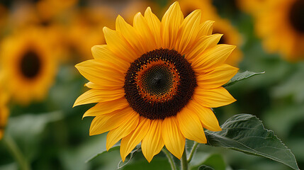 Obraz premium A vibrant sunflower displaying its bright yellow petals and dark center, surrounded by lush green leaves, symbolizing beauty and positivity.