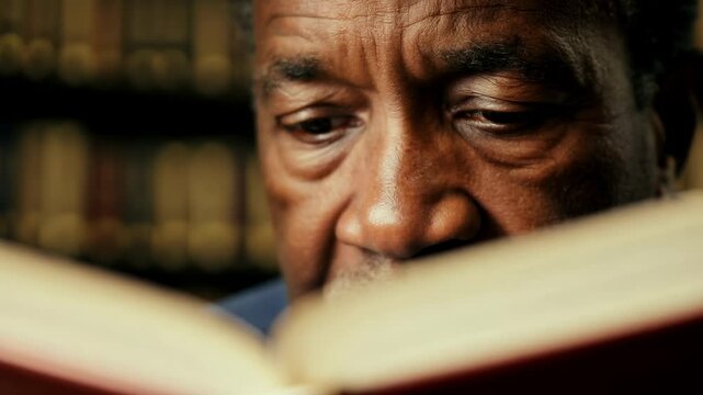 Old African American man reading the book in a library. The beauty of reading captured in the thoughtful gaze of an old man.