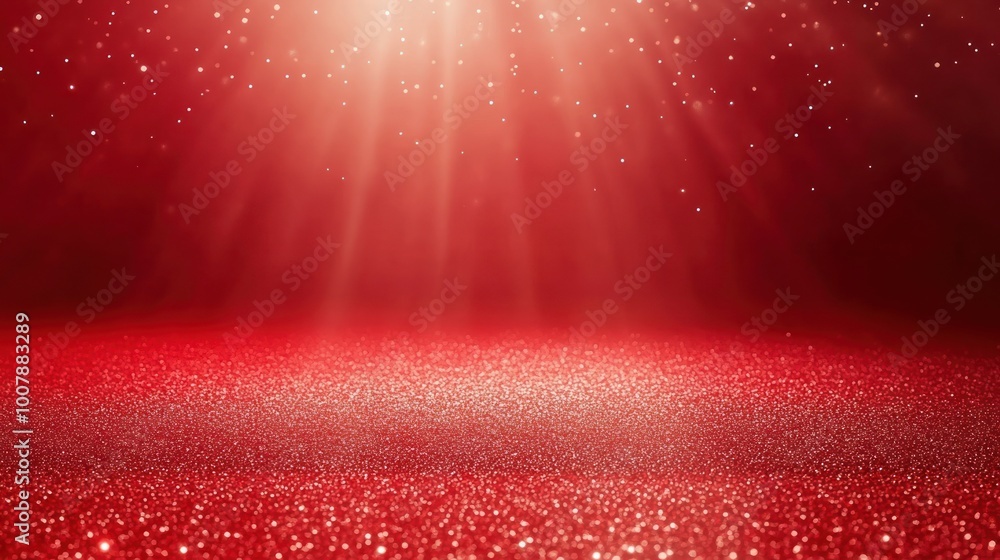 Poster a shimmering red background with light rays and sparkling particles, ideal for festive designs.