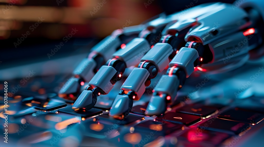 Poster robotic hand typing on a computer keyboard. the robotic hand is made of metal and plastic, with red 