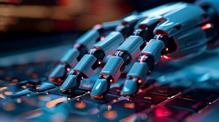 Fototapeta premium Robotic hand typing on a computer keyboard. The robotic hand is made of metal and plastic, with red lights illuminating its joints.