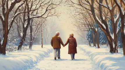 An elderly couple holding hands, walking down a snow-covered path lined with bare trees, wearing warm winter clothes and smiling at each other
