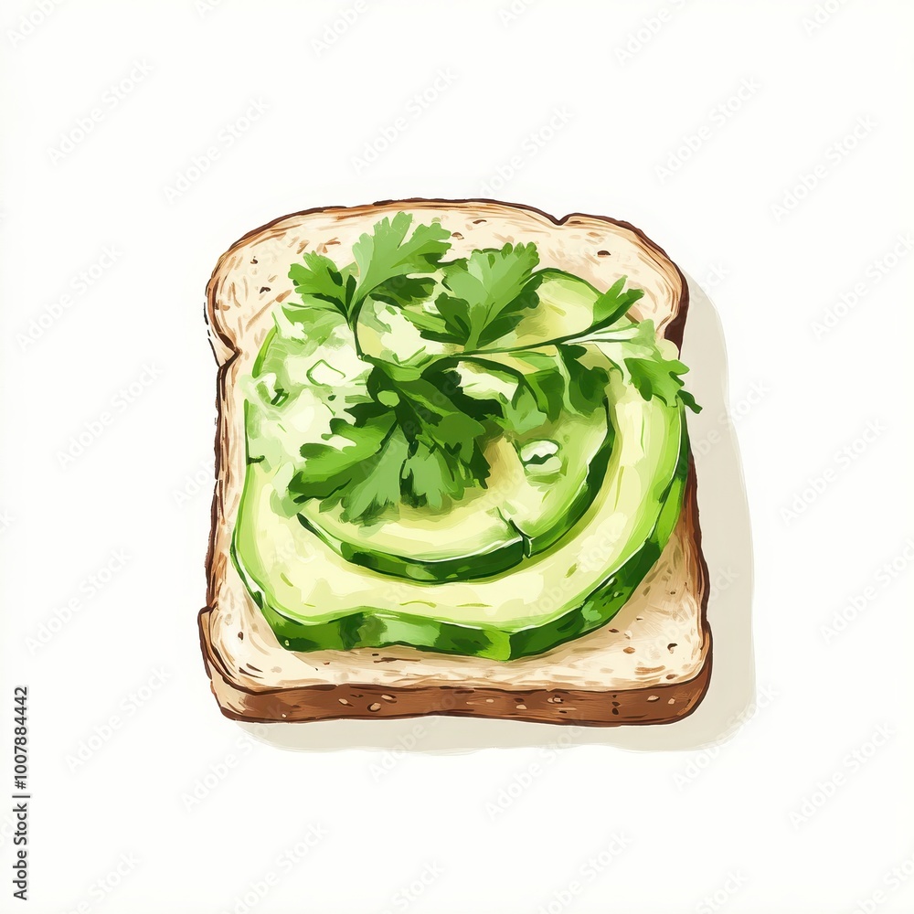 Poster a slice of bread topped with cucumber slices and fresh cilantro.