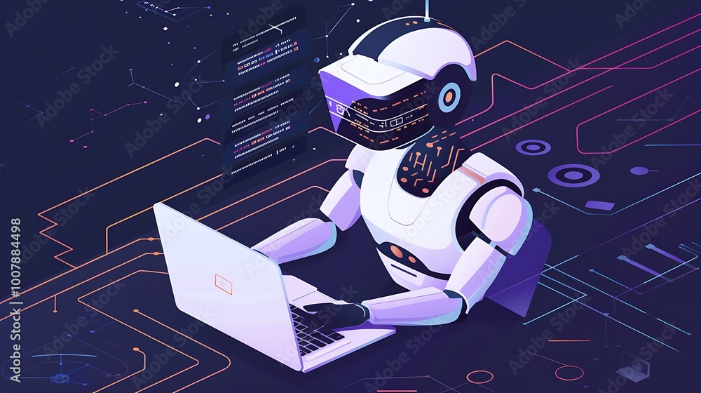 Poster robot using a laptop, code on the screen, the robot is looking at the screen with a focus on innovat