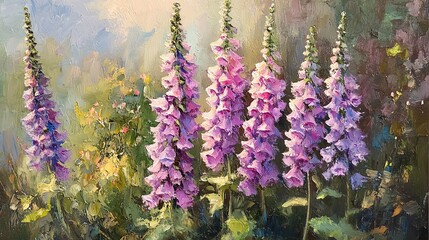 Obraz premium Vibrant pink foxglove flowers in an enchanting garden setting, illuminated by soft sunlight and complemented by lush greenery.