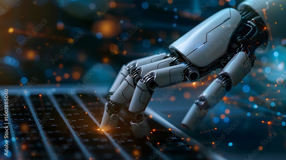 Poster robotic hand typing on a laptop keyboard, representing the advancements in artificial intelligence a