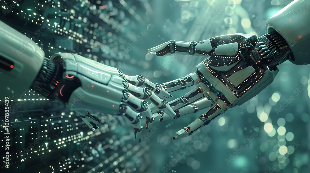 Poster robotic hands reaching towards each other in a futuristic setting, symbolizing the advancement of te