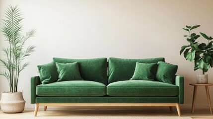A modern green sofa with cushions, surrounded by indoor plants in a minimalist setting.