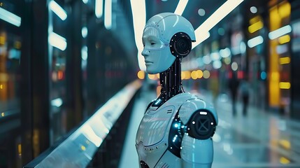 Fototapeta premium Portrait of a futuristic robot standing in a modern city setting.
