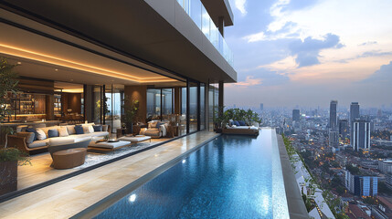Obraz premium Luxurious modern apartment with stunning skyline view and infinity pool at dusk, offering comfort and tranquility in the city.