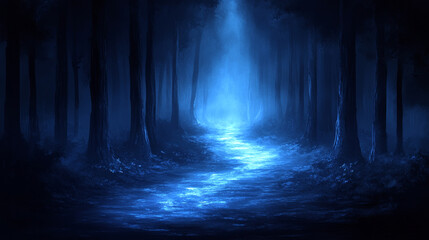 Mysterious blue forest path illuminated by an ethereal light, inviting exploration and evoking a sense of wonder.