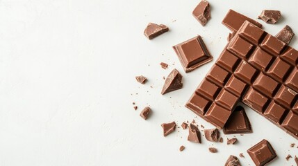 A chocolate bar with broken pieces scattered on a white surface.