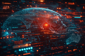 A digital globe with an Earth map and data points, surrounded by glowing lines of code in shades of teal and red, representing global cybersecurity information exchange between countries.

