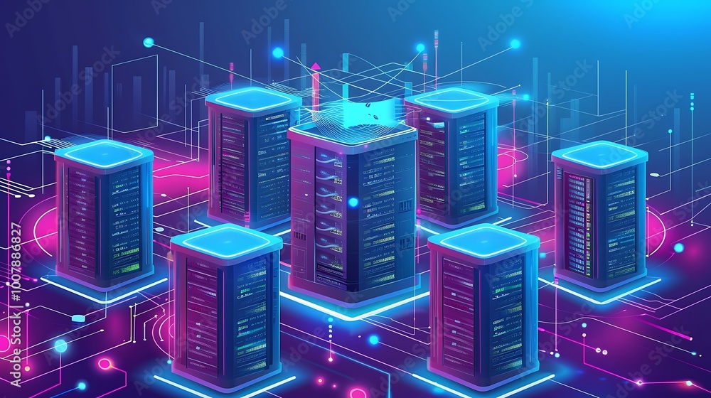 Poster illustration of a data center network with multiple servers and interconnected wires. the illustrati