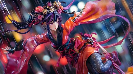 Dynamic anime figure in action pose with bright colors and intricate outfit design
