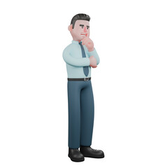 3D Professional Male in Financial Analyst Role. A male financial analyst is standing with his left hand holding his chin while his right hand is wrapped around his stomach holding his left elbow. Eco