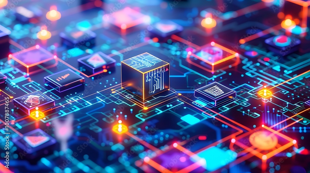 Poster close-up view of a digital circuit board with glowing neon lights and complex circuitry. the abstrac