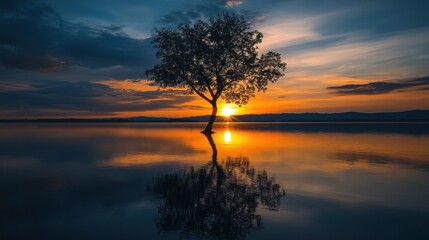 A serene sunset over calm waters, featuring a solitary tree reflecting on the surface.