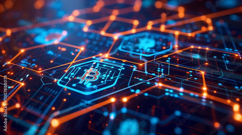 Poster close-up of bitcoin network with digital representation of cryptocurrency for futuristic interconnec
