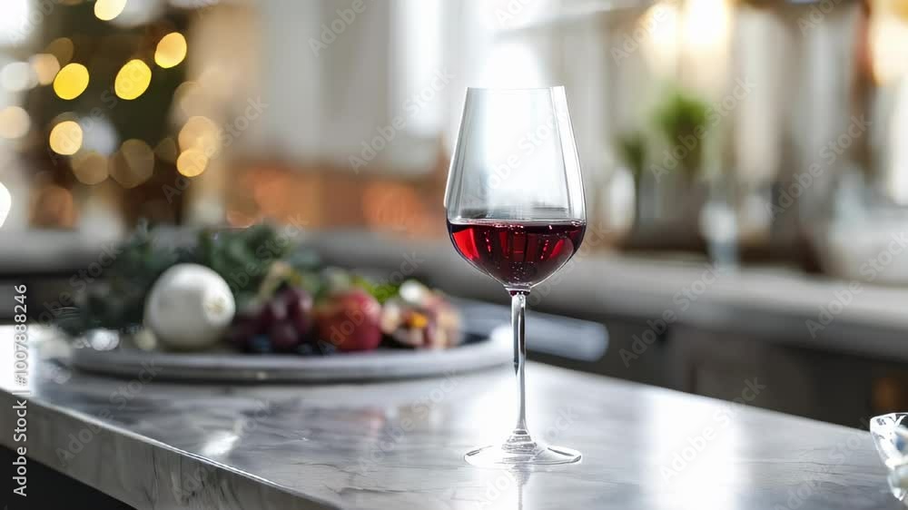 Poster a glass of red wine on a festive table setting with warm bokeh lights in the background, evoking a c