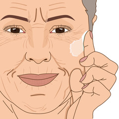 Old woman using apply cream on her face to anti aging, Illustration on white background