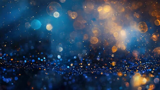 A mesmerizing display of blue and gold bokeh lights creating an abstract, dreamy background with a festive ambiance.