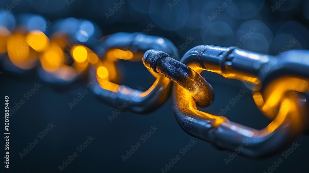 Poster close-up of a metal chain with a warm glow illuminating the links symbolizing strength and connectio
