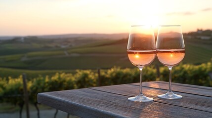 Two glasses of chilled ros&eacute; wine on an outdoor terrace table, overlooking a sunset view of rolling hills and vineyards