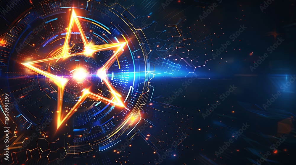 Poster glowing star in a futuristic digital design.