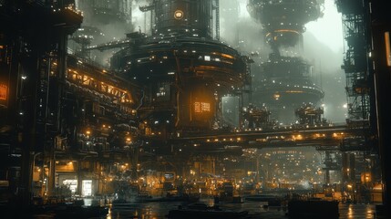 Futuristic Industrial Cityscape with Towering Structures and Neon Lights in a Misty Atmosphere
