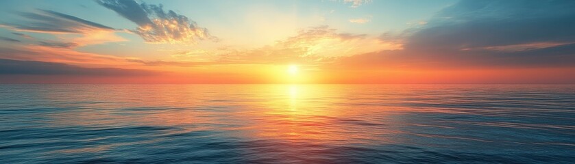 Obraz premium Stunning Ocean Sunset with Vibrant Colors and Dramatic Clouds Reflecting on Calm Sea Horizon at Dusk