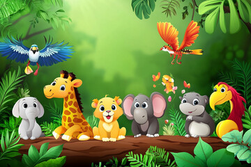Naklejka premium Cute animals in jungle scene