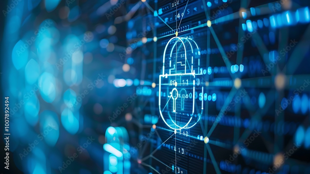 Poster digital representation of a padlock on a network of data, symbolizing cyber security and protection.