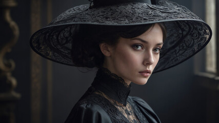 Stylish model wearing black dress and oversized hat, exuding classic elegance. for fashion editorials, luxury brand marketing, or vintage inspired design concepts.